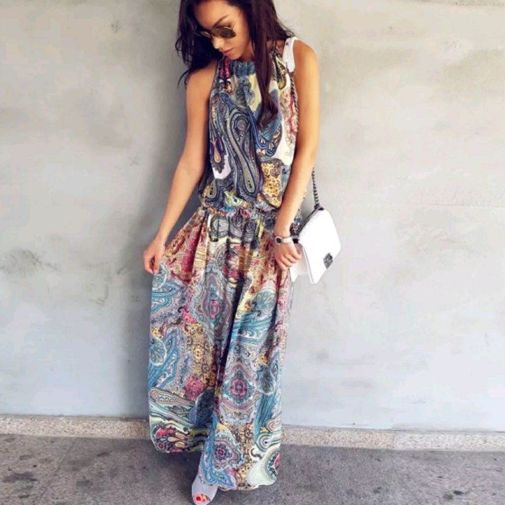 1M LEFT♥BOHO PAISLEY PRINT HALTER MAXI